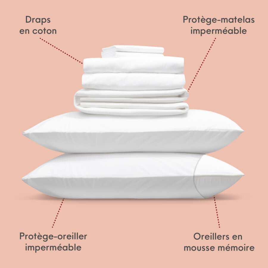 Ensemble de sommeil douillet : draps en coton, protège-matelas, oreillers en mousse mémoire, protèges-oreiller