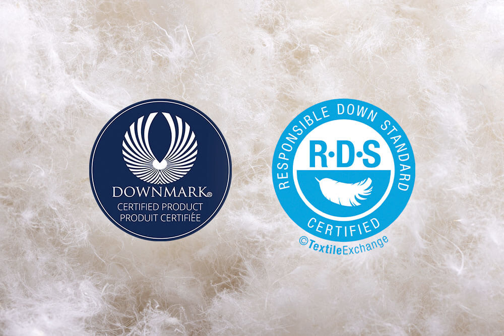 Ethically Sourced Canadian Duck Down with superimposed DOWNMARK® and Responsible Down Standard (RDS) logos