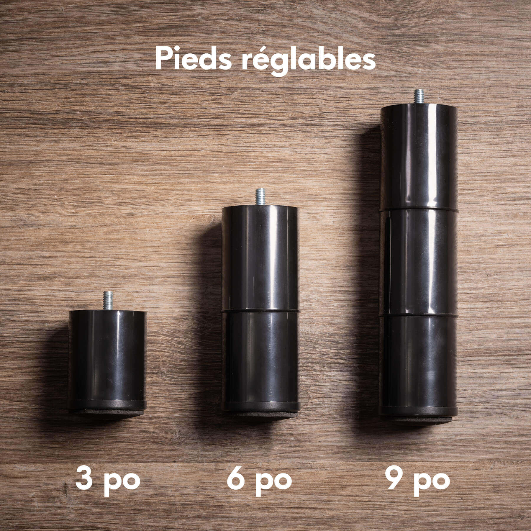 DB-Platform-Bed-Carousel-4-FR Peids réglables : 3 po, 6 po, 9 po