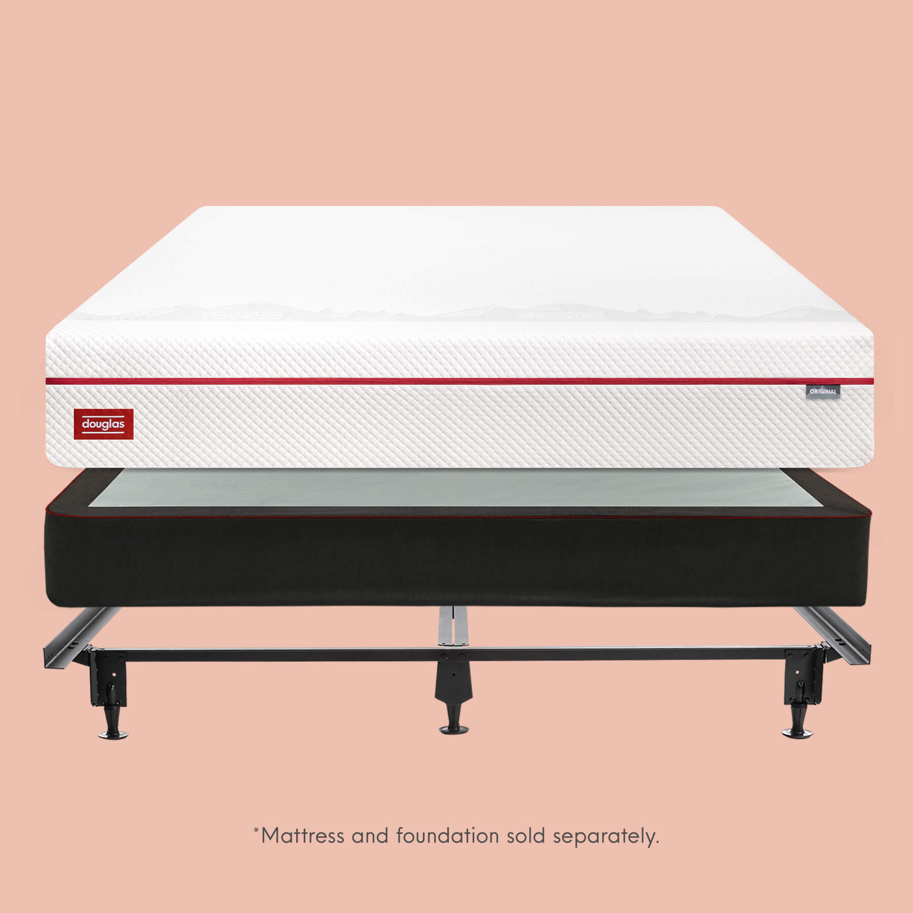 EN-DB-Foundation-Carousel Douglas mattress stacked on top of a Foundation and Metal Bed Frame. *Mattress and foundation sold separately.