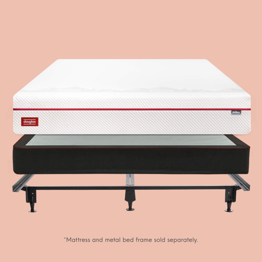 Douglas mattress stacked on Foundation and Metal Bed Frame. *Mattress and metal bed frame sold separately.