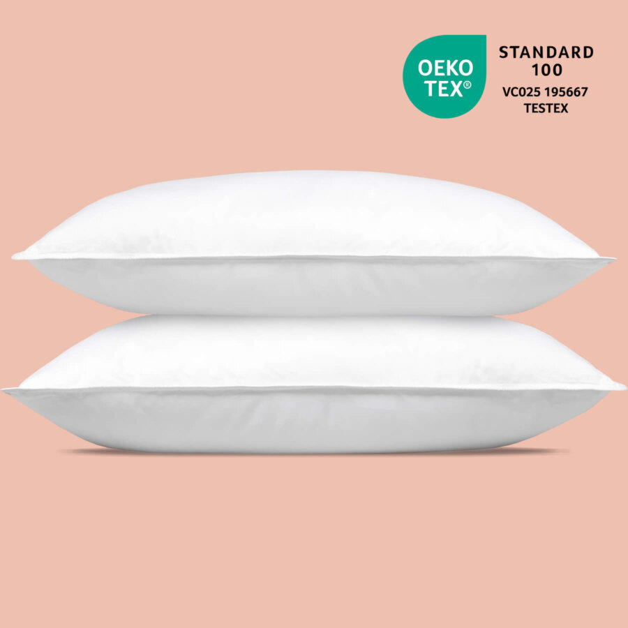 Two Douglas Down Alternative Pillows stacked on top of each other, with OEKO-TEX certification stamp