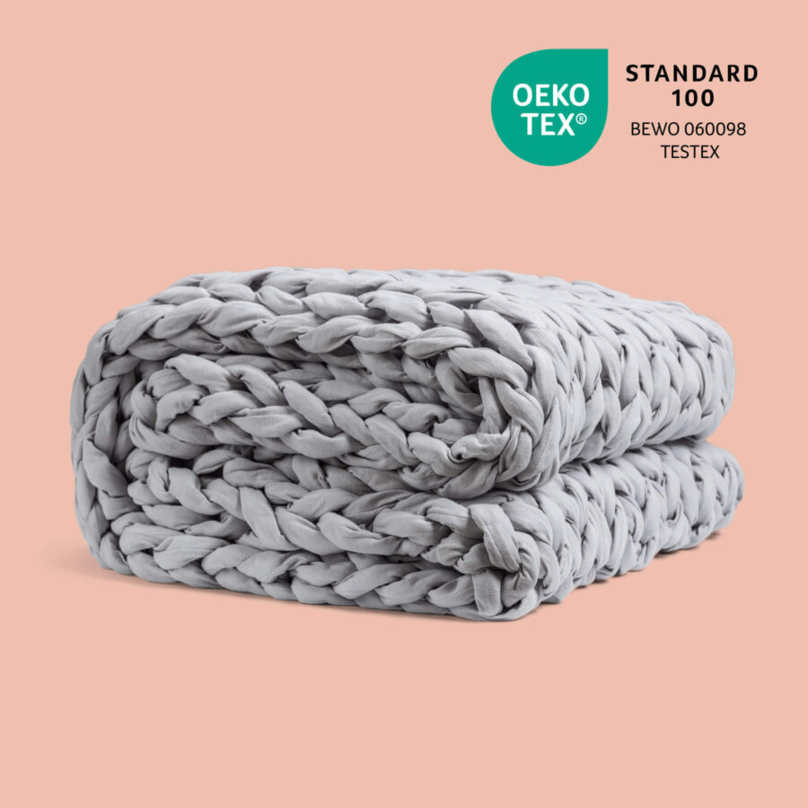 Grey Douglas Hand Knit Weighted Blanket with OEKO-TEX STANDARD 100 logo
